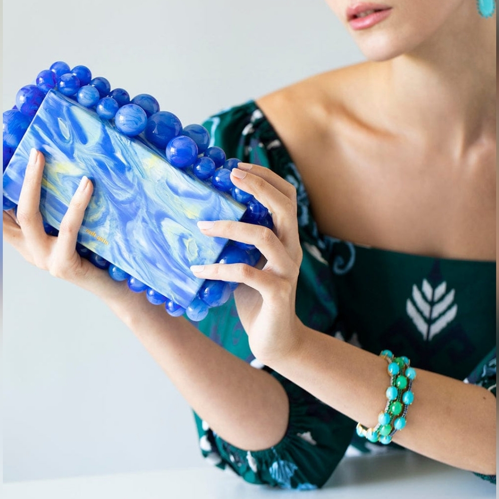 CULT GAIA EOS CLUTCH BAG IN GLACIER BLUE TRANSLUCENT MARBLED ACRYLIC - Picture 2 of 8